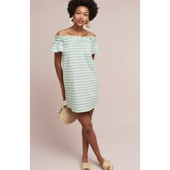 CoreyLynnCalter Bayside  Green Blue Striped Off Shoulder Flutter Dress Womens M - Picture 1 of 10